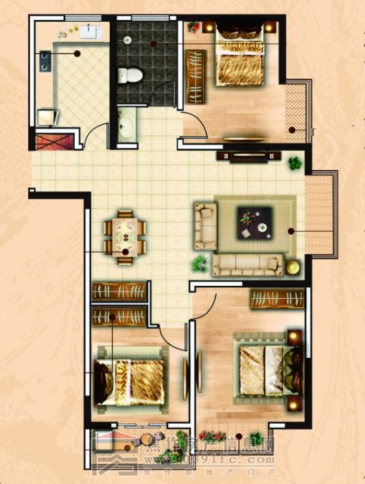四季花城·錦程A戶(hù)型三室兩廳一衛約116㎡