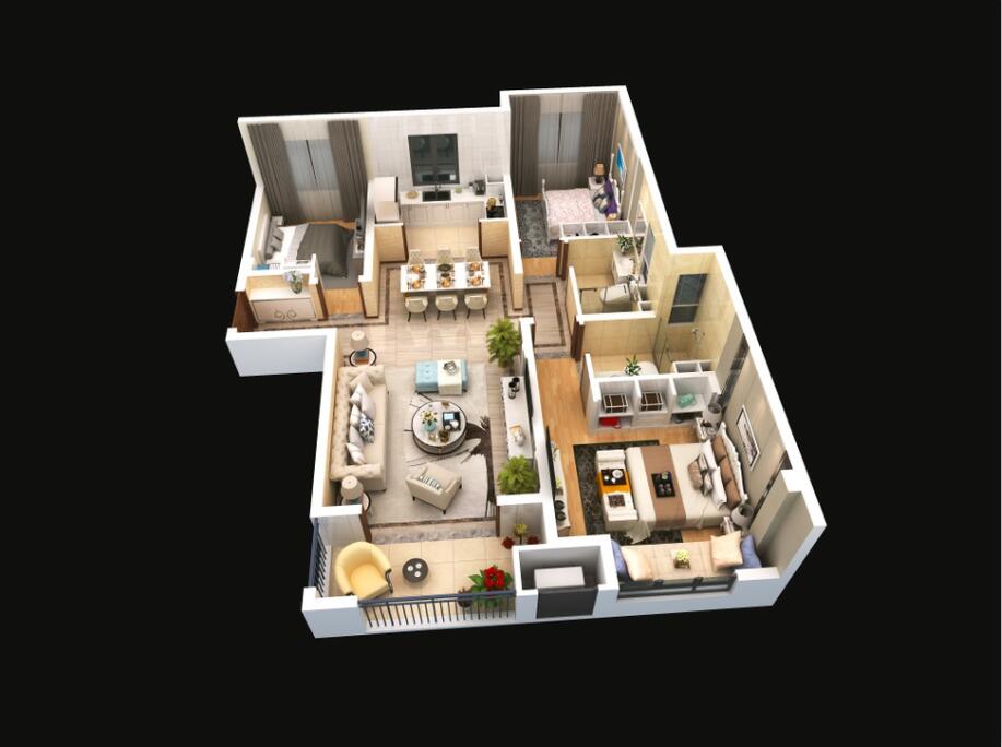 A戶(hù)型建面約117平方米，三室兩廳兩衛